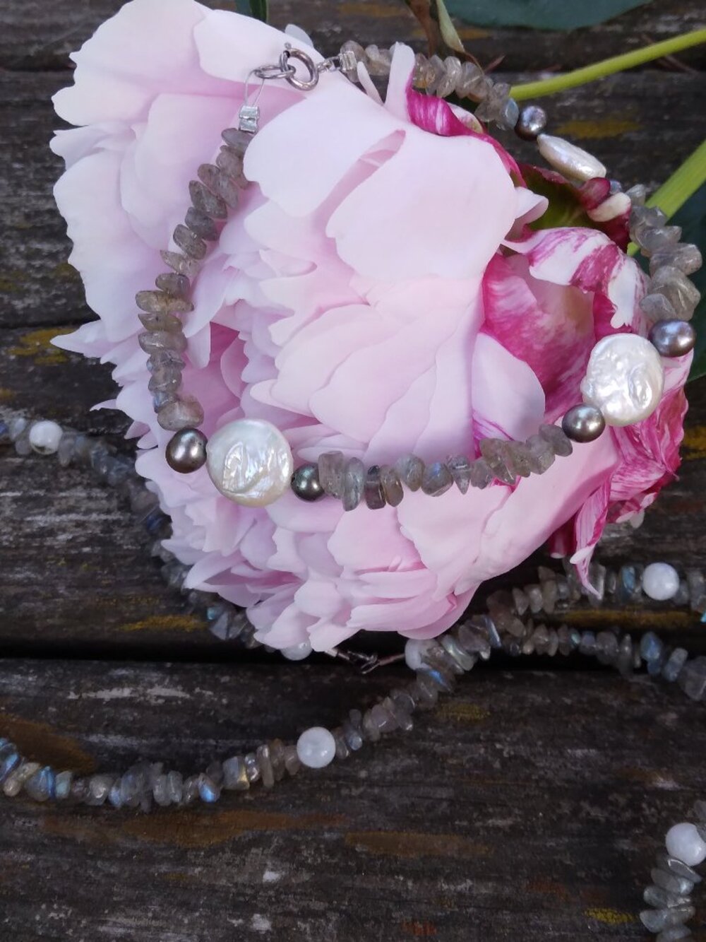 Handmade Labradorite Genuine Pearl and Moonstone Necklace and Bracelet Set